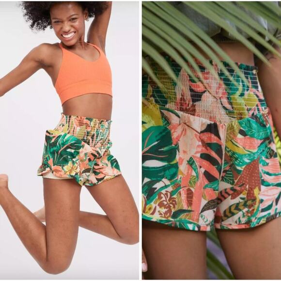 Aerie Real Me Tropical Print Smocked Running Shorts Medium - Picture 1 of 7